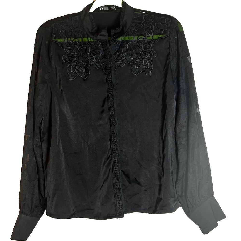 Black Long Sleeve Sheer Embroidered WhimsiGoth Shirt Blouse Sz Med (6) Anewsta